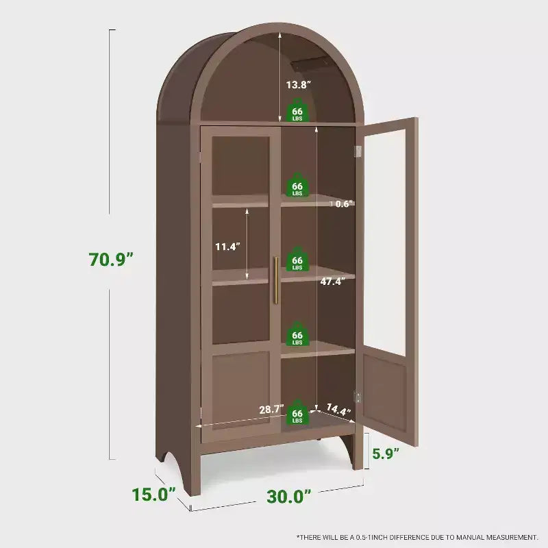 71 Tall Arched Storage Cabinet with 2 Acrylic Doors and Shelves for Living Room