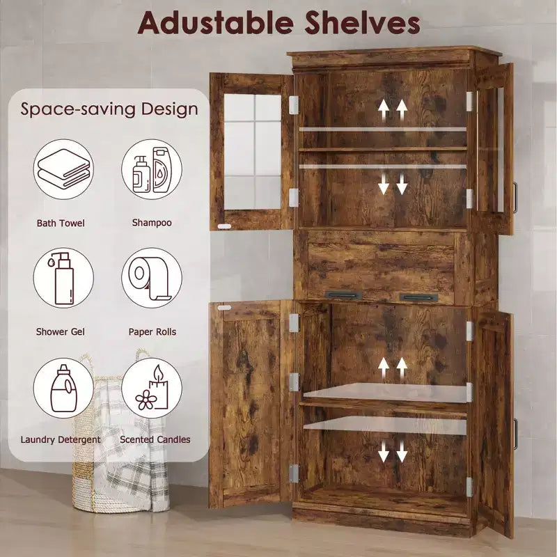 66.9 Large Bathroom Cabinet with 4 Doors, Freestanding Storage Cabinet with Glass Doors, Adjustable Shelves & Drawers for Kitchen Pantry Living Room