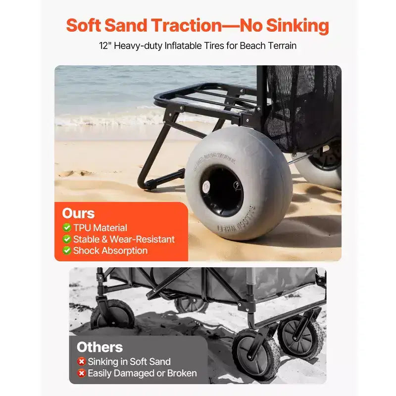 VEVOR Beach Dolly with Big Wheels for Sand, 18 x 15 Cargo Deck, Folding Sand Cart with 12 Balloon Wheels, 165 lbs Loading Capacity, Black