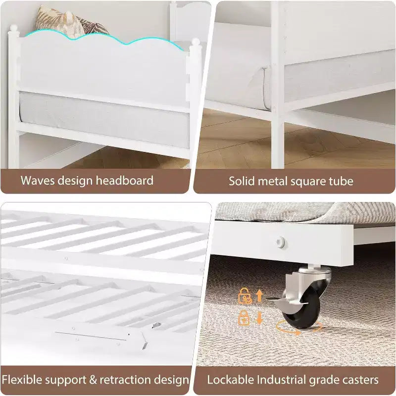 Twin Size Daybed with Trundle, Metal Frame with Wavy Wood Grain Headboard, Lockable Casters, Space-Saving Sofa Bed, No Box Spring Needed