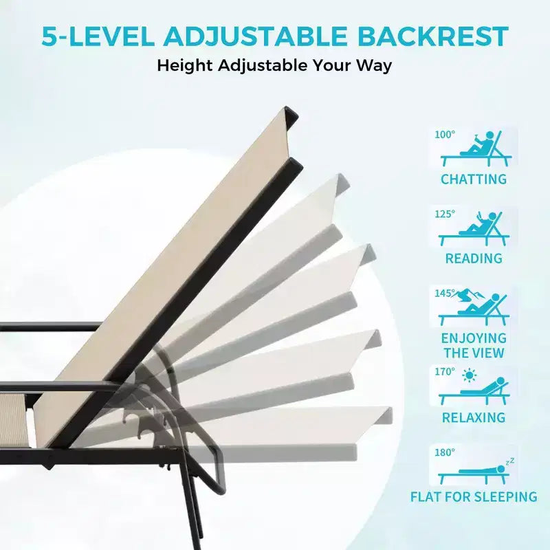 Outdoor Lounge Chair Set of 2  5-Position Adjustable Recliner, Textilene Fabric, 76 Pool Chaise for Patio, Garden & Poolside