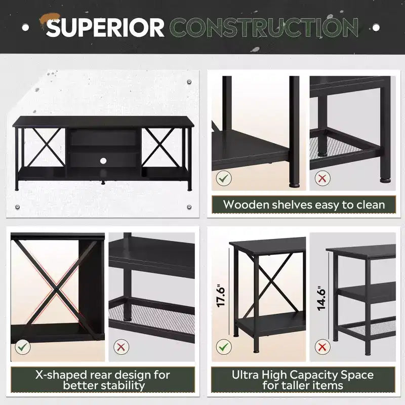 Rustic Industrial TV Stand for 55-65 TVs with Storage & Cable Management