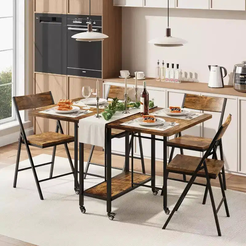 47 5-Piece Farmhouse Folding Dining Set for 4  Wooden Drop Leaf Table on Wheels & 4 Foldable Chairs  Sturdy Steel Frame, Space-Saving for Apartmen