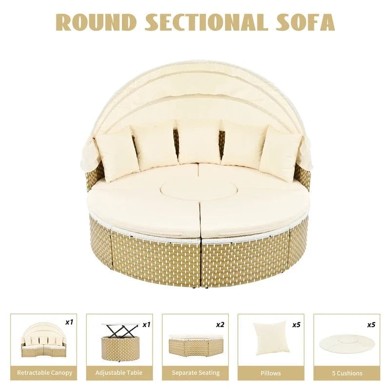 Round Outdoor Daybed Two-Tone Weave Sunbed with Retractable Canopy
