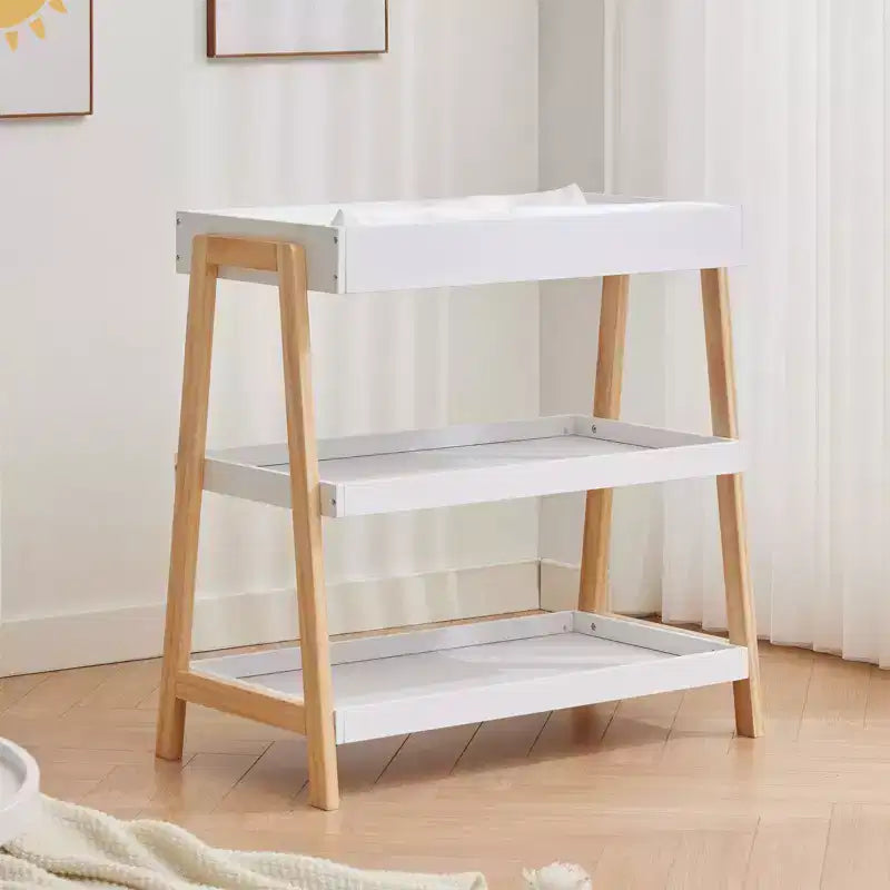 Modern Baby Changing Table with Waterproof Pad & 2 Storage Shelves, Portable Wood Nursery Furniture for Newborns/Infants, Wood+White