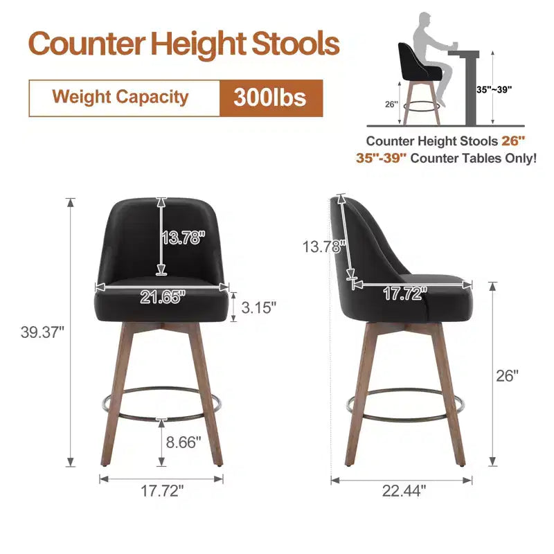 Bekrvio 26 Counter Height Swivel Bar Stools Set of 4 Backs and Wood Legs,Linen Fabric/PU Leather Upholstered Barstools for Kitchen Island