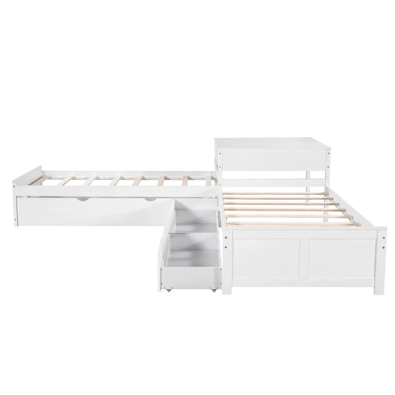 White Modern Twin Size L-shaped Platform Bed with Trundle and Drawers for Bedroom