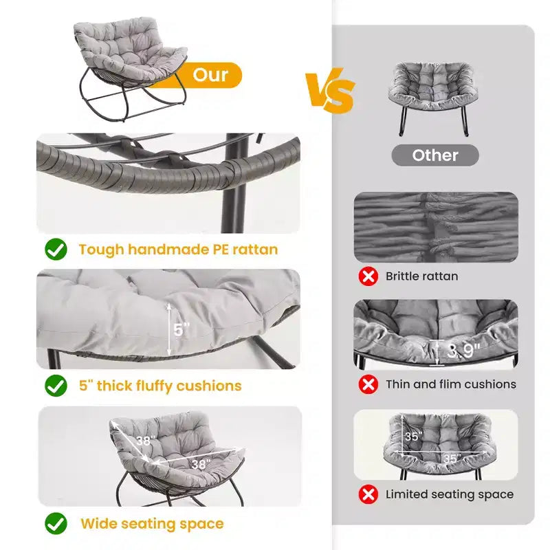 Heynemo Patio Rocking Chair with Ottoman, Outdoor Indoor Rocking Egg Chair with Cushions, Metal Lounge Chair Oversized Papasan Chair, Reading Chair