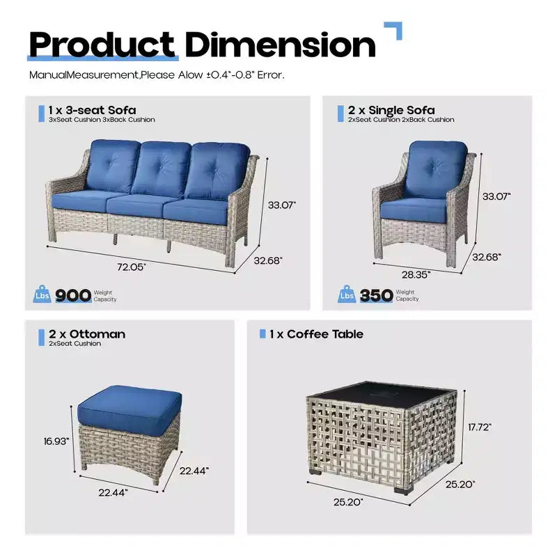 HOMLUX 6 PCS Patio Wicker Conversation Set 3-Seat Sofa with Cushion, Rattan Chairs, Ottomans, Coffee Table