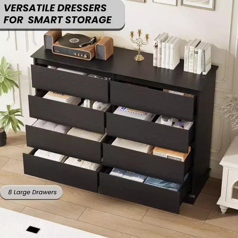 Modern Dresser for Bedroom with 8 Drawers, Wooden Storage Organizer Unit for Closet, Wide Chest of Drawers