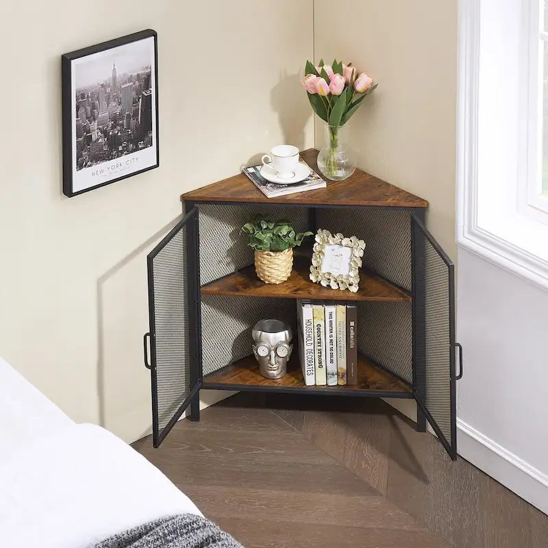 Javlergo Corner Table Modern Triangle 3-tier Storage Shelf with 2 Doors for Living Room Bedroom Office