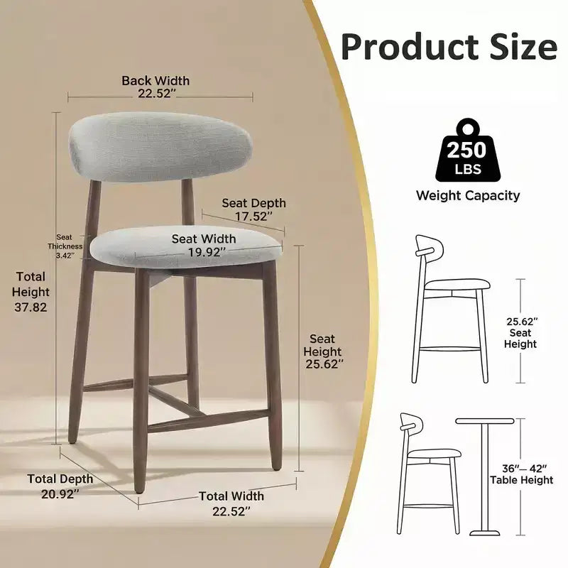 Ora Maison Set of 2/4/6 Counter Height Upholstered Bar Stool with Fabric & Walnut Finish