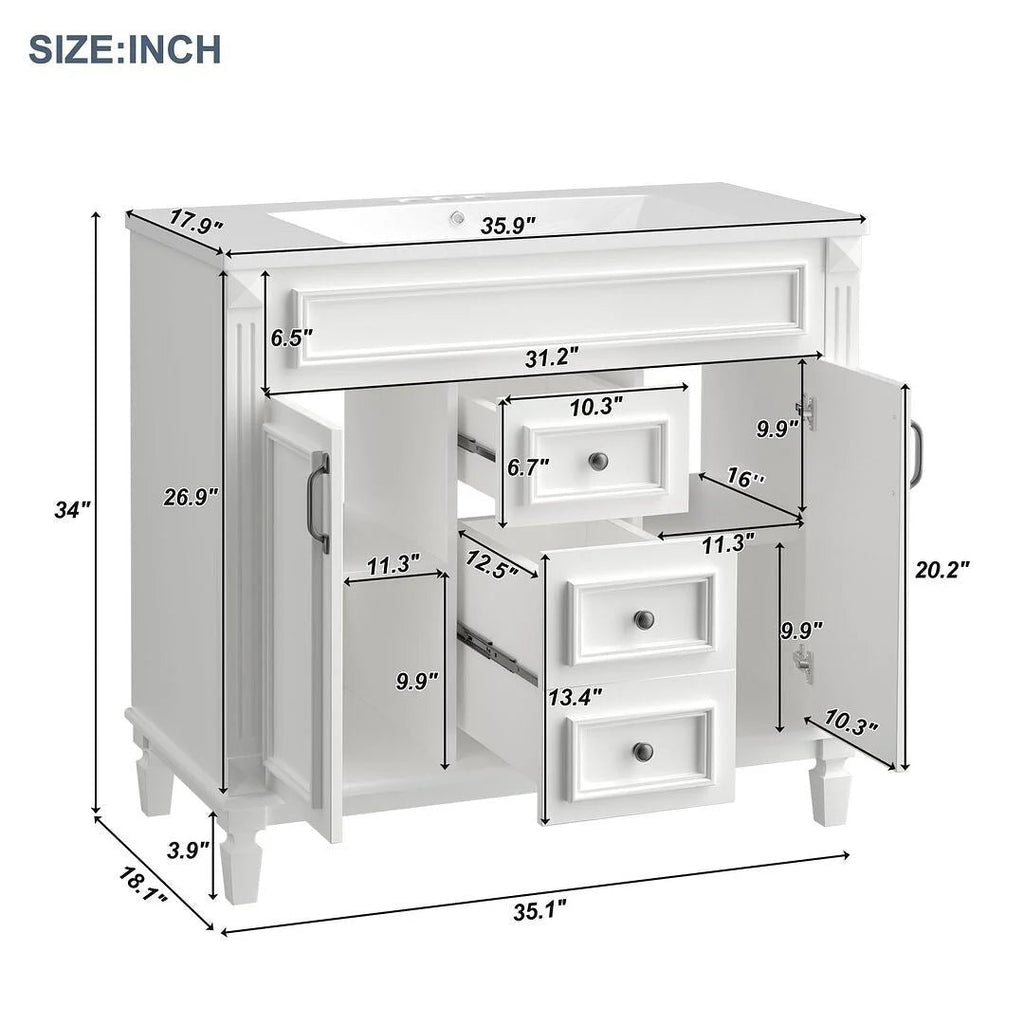 36 Modern Bathroom Vanity with Top Sink and Mirror Cabinet,2 Doors and 2 Drawers