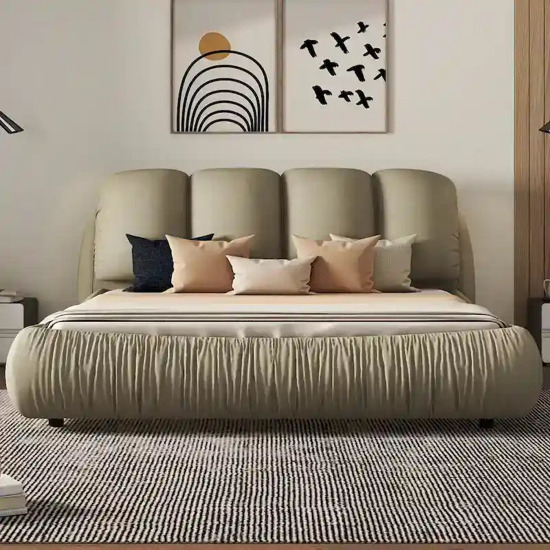 Queen Size Luxury Upholstered Bed With Thick Headboard, Vevet Queen Bed with Oversized Padded Backrest