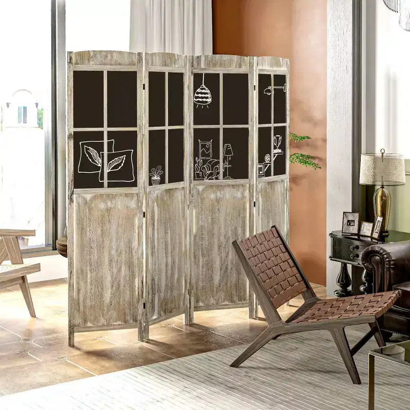 HOMCOM 5.6 Tall Wood 4 Panel Farmhouse Style Folding Room Divider Privacy Screens, Natural