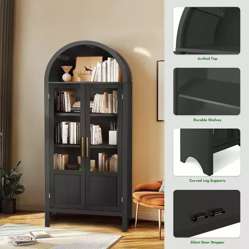71 Tall Arched Storage Cabinet with 2 Acrylic Doors and Shelves for Living Room