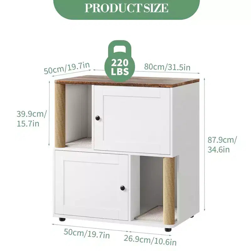 Litter Box Enclosure with Double Room, Hidden Enclosed Litterbox Furniture with Scratch Posts and Double-Layer Litter Mats Indoor Pet House