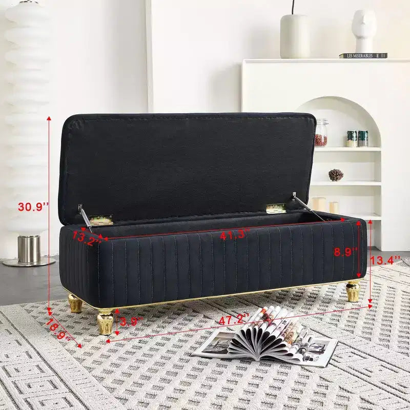 Okak Modern Luxury Flip Top Deep Button Ottoman Bench with Gold Decor & Metal Legs,Upholstered Storage Bench for Living Room,Bedroom