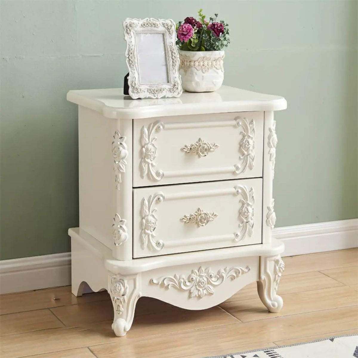 Traditional White Wood Carved 3-Drawer Nightstand