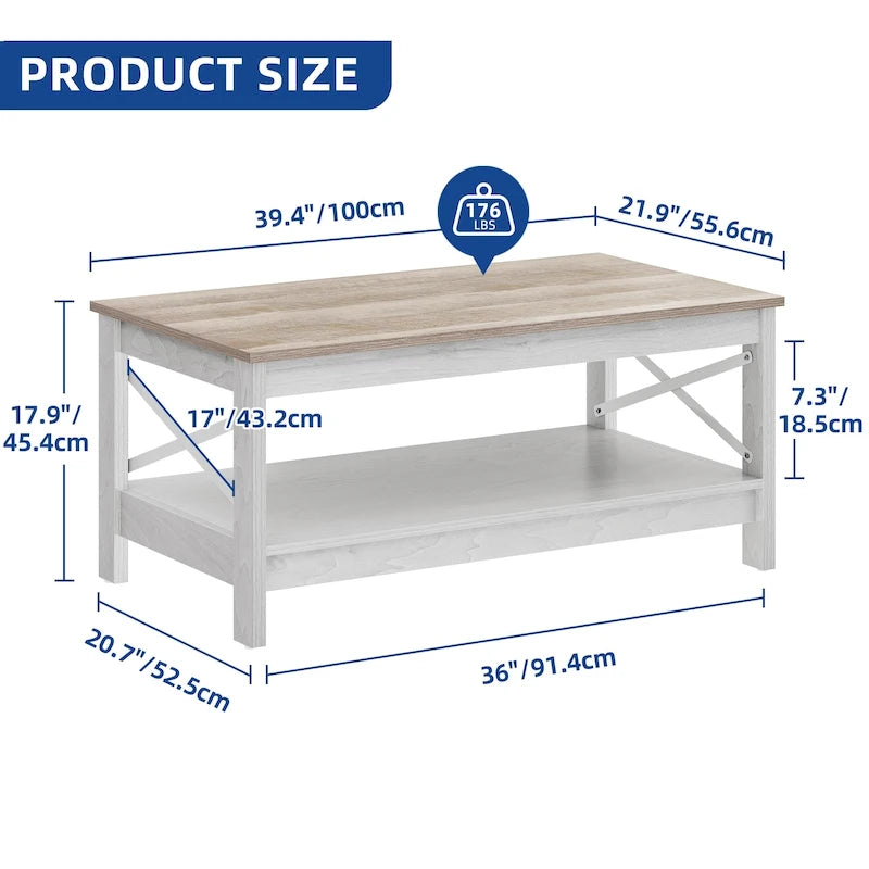 Farmhouse Coffee Table with Storage 2-Tier Center Table for Living Room