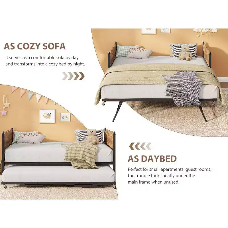 Twin Size Daybed with Trundle, Metal Frame with Wavy Wood Grain Headboard, Lockable Casters, Space-Saving Sofa Bed, No Box Spring Needed
