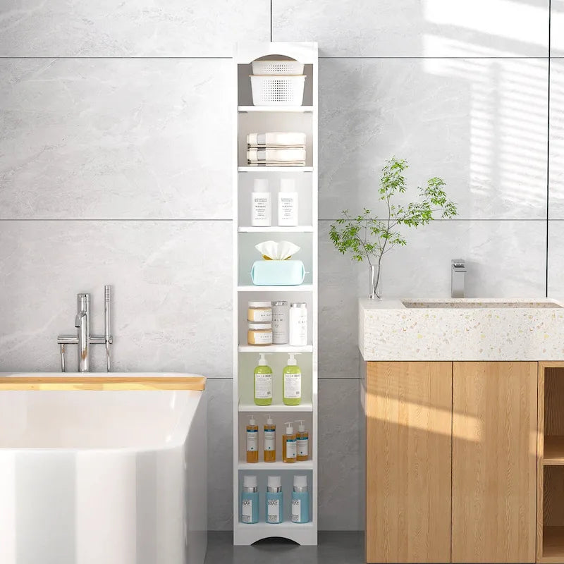 VECELO 70.9 Inches Tall Bathroom Narrow Linen Cabinet, 8 Tiers Solid Wood Freestanding Storage Cabinet
