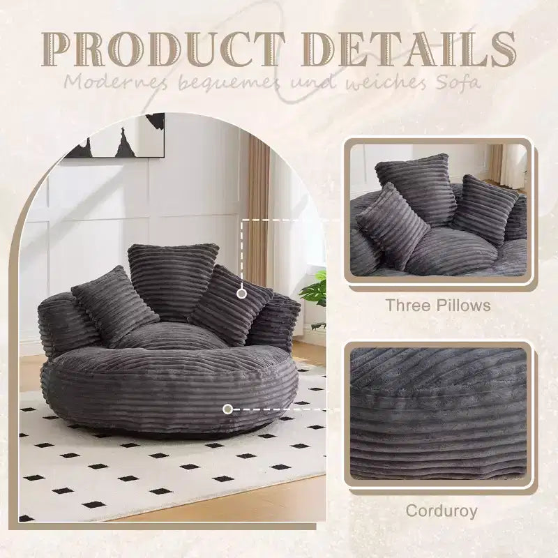 Bean Bag Sofa for Adults Kids, Oversized Corduroy Bean Bag Chair with 3 Pillows & Armrest for Living Room Bedroom - ModernLuxe