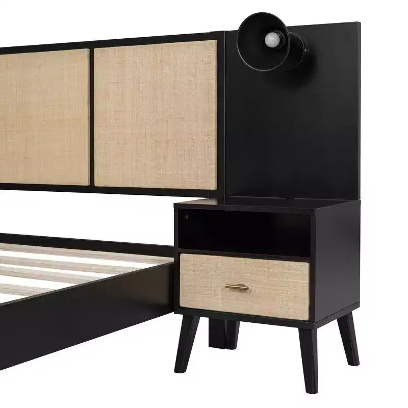 Queen Size Solid Wood Bed Frame with 2 Nightstands, Elegant Rattan and Wood Combination Platform Bed with Lamps - ModernLuxe