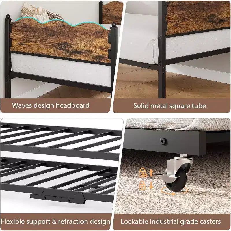 Twin Size Daybed with Trundle, Metal Frame with Wavy Wood Grain Headboard, Lockable Casters, Space-Saving Sofa Bed, No Box Spring Needed