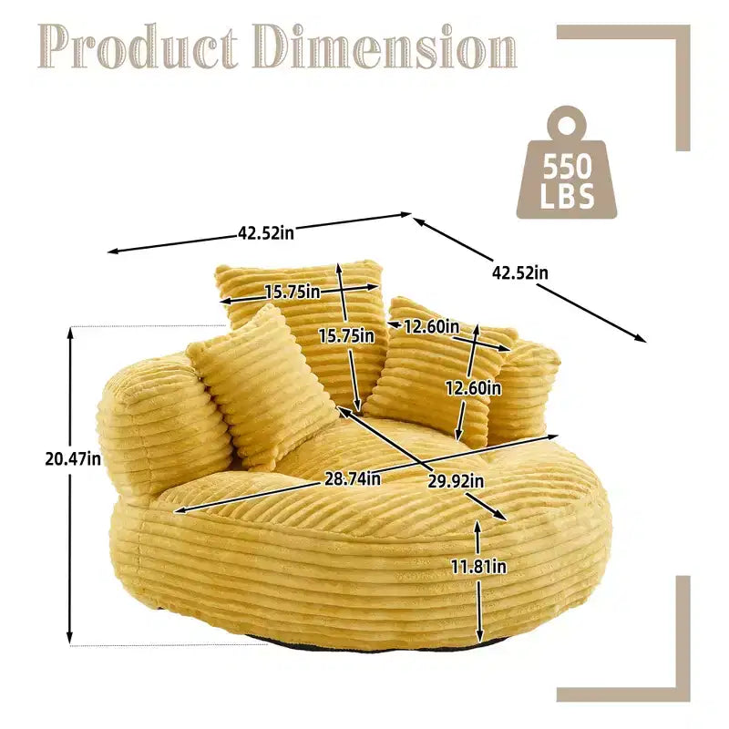 Bean Bag Sofa for Adults Kids, Oversized Corduroy Bean Bag Chair with 3 Pillows & Armrest for Living Room Bedroom - ModernLuxe