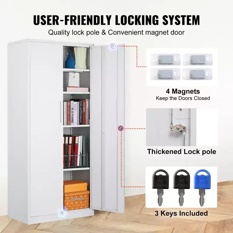 VEVOR Metal Storage Cabinet, Steel Locking Storage Cabinet with 2 Magnetic Doors and 4 Adjustable Shelves,71 Metal Cabinet 200 lbs Capacity, White