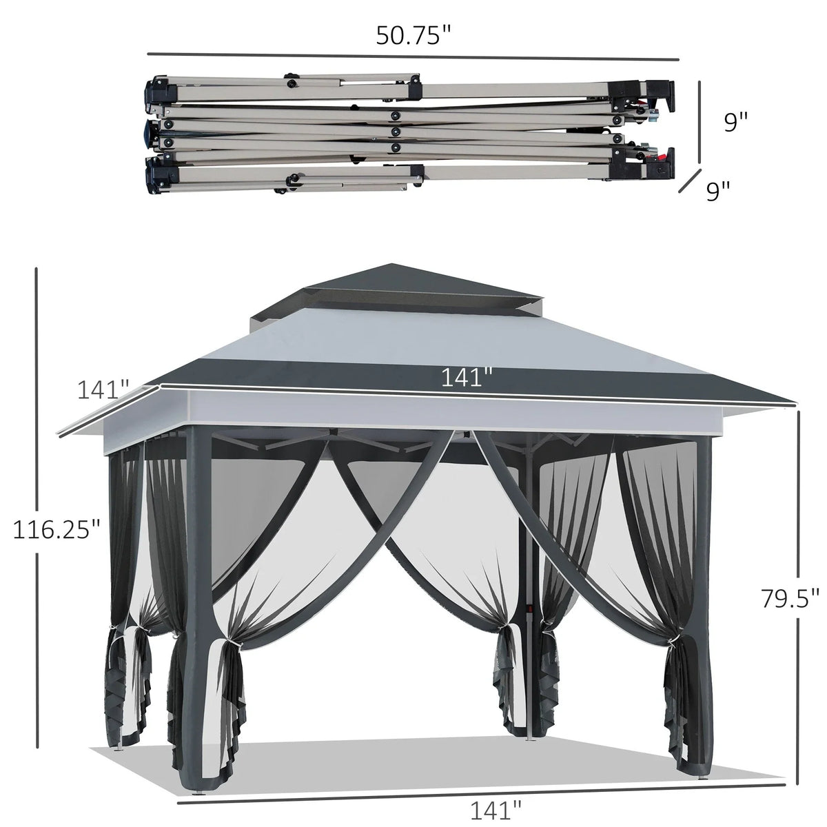 Outsunny 12 x 12 Pop Up Canopy Sun Shade Instant Tent Folding with Mesh Sidewall Netting, 3-Level Adjustable Height