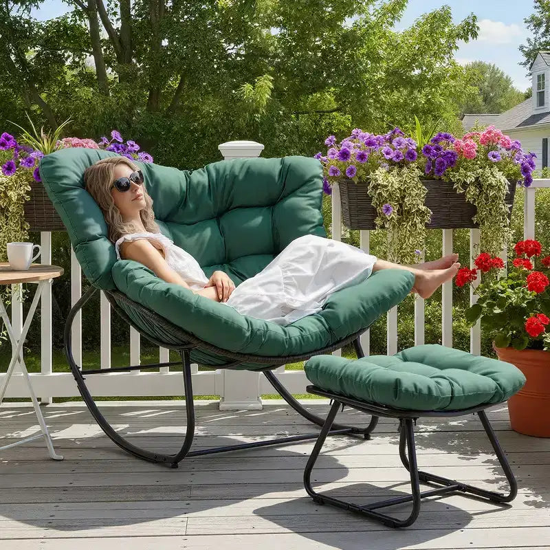 Heynemo Patio Rocking Chair with Ottoman, Outdoor Indoor Rocking Egg Chair with Cushions, Metal Lounge Chair Oversized Papasan Chair, Reading Chair