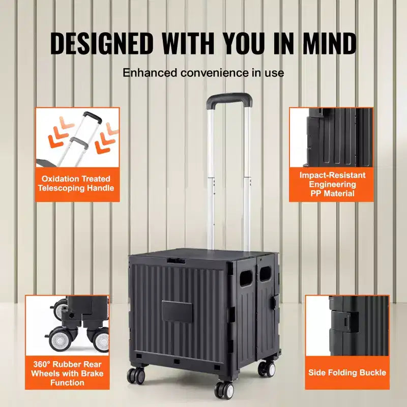 Foldable Utility Cart, 110 lbs Load Capacity, Folding Portable Rolling Crate Handcart with Heavy Duty Telescoping Handle and 4 Rotate Wheels