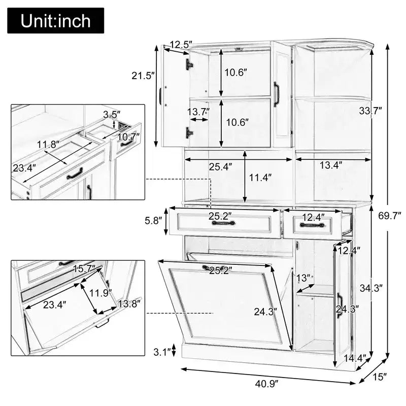 White Tall Freestanding Storage Cabinet Drawers Doors Adjustable Shelves Flip Drawer MDF