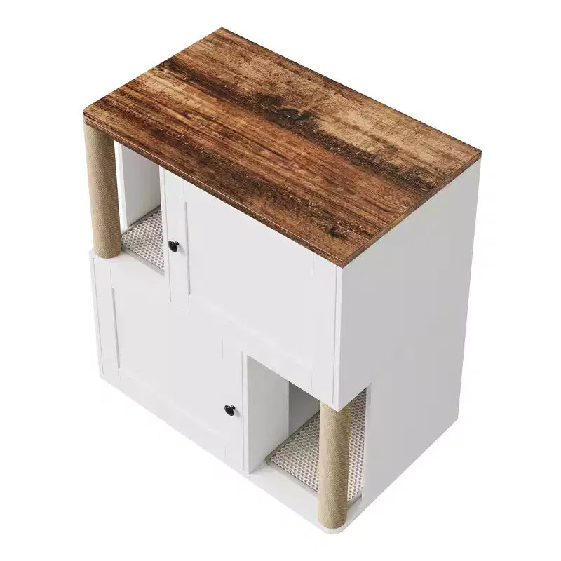 Litter Box Enclosure with Double Room, Hidden Enclosed Litterbox Furniture with Scratch Posts and Double-Layer Litter Mats Indoor Pet House