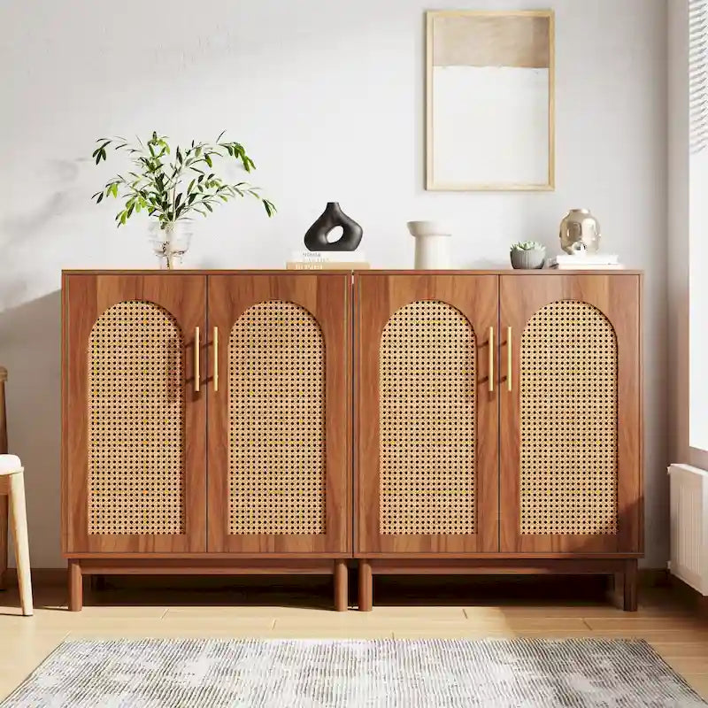 Set of 2 Rattan Sideboard, 59 Inch Buffet Cabinet with Doors, Accent Cabinet