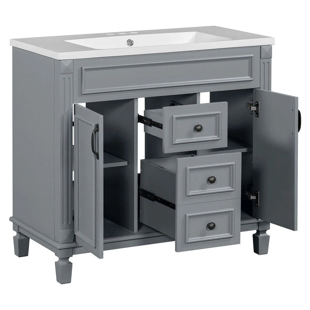 36 Modern Bathroom Vanity with Top Sink and Mirror Cabinet,2 Doors and 2 Drawers