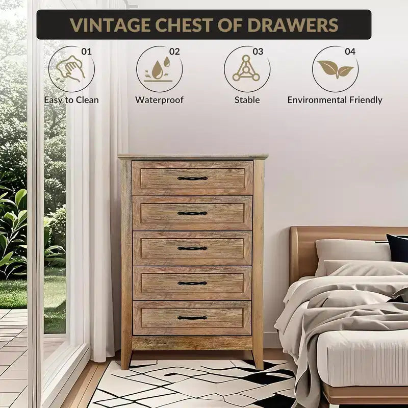 Farmhouse Dresser, Rustic Wood 5 Drawer Dresser for Closet, Tall Chest of Drawers with Metal Handles