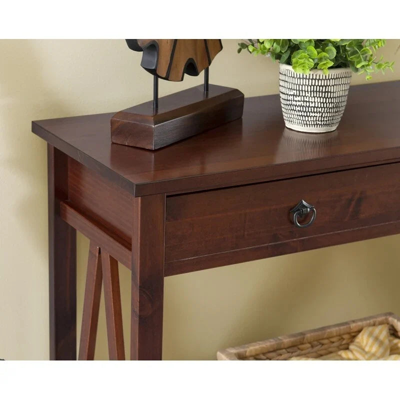 Antique Tobacco Brown Wood Console Table with Drawer and Open Shelf