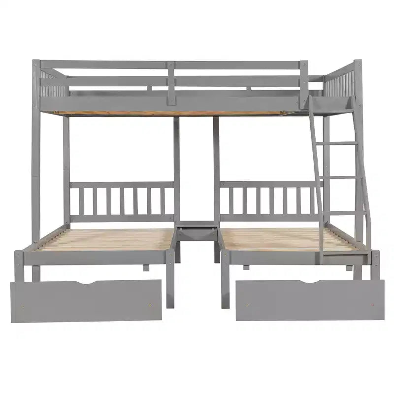Full Over Twin & Twin Bunk Bed for 3, Wooden Triple Bunk Bed with 2 Storage Drawers, can be Divided into 3 Separate Beds