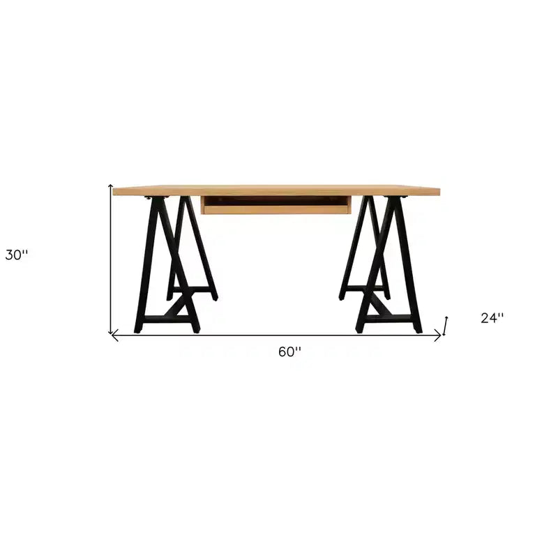 HomeRoots 60 Natural and Black Solid Wood and Metal Trestle Executive Desk