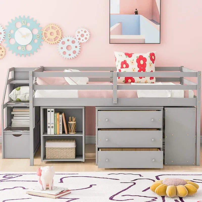 Full Size Loft Bed with Retractable Writing Desk and 3 Drawers, Wooden Loft Bed with Storage Stairs and Shelves