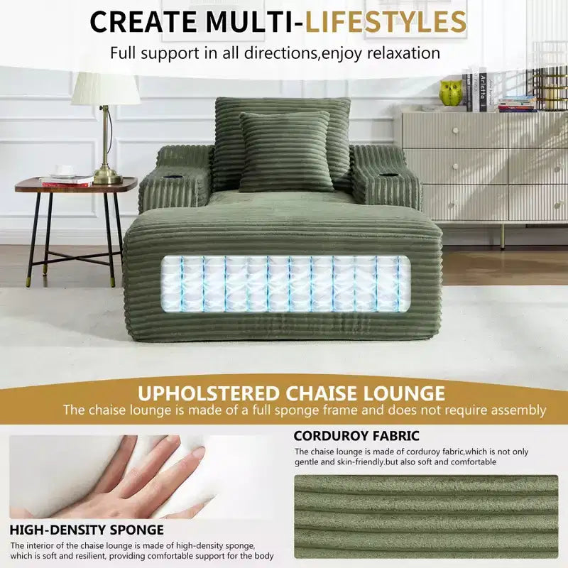 67 Chaise Lounge Chair, Indoor Sleeper Sofa Bed with 2 Pillows, Boneless Single Sofa Couch for Living Room, No Assembly Required