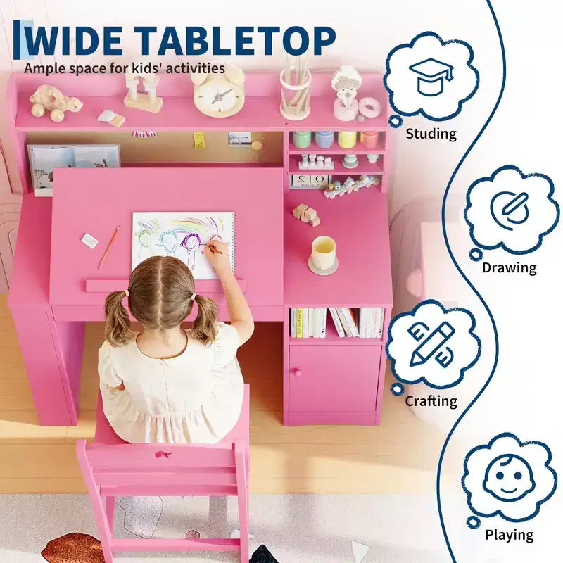 Kids Study Desk & Chair Set with Storage, Kids Study Desk with Hutch and Tiltable, Wooden Children Table with Storage Cabinet for 3-8 Years Old
