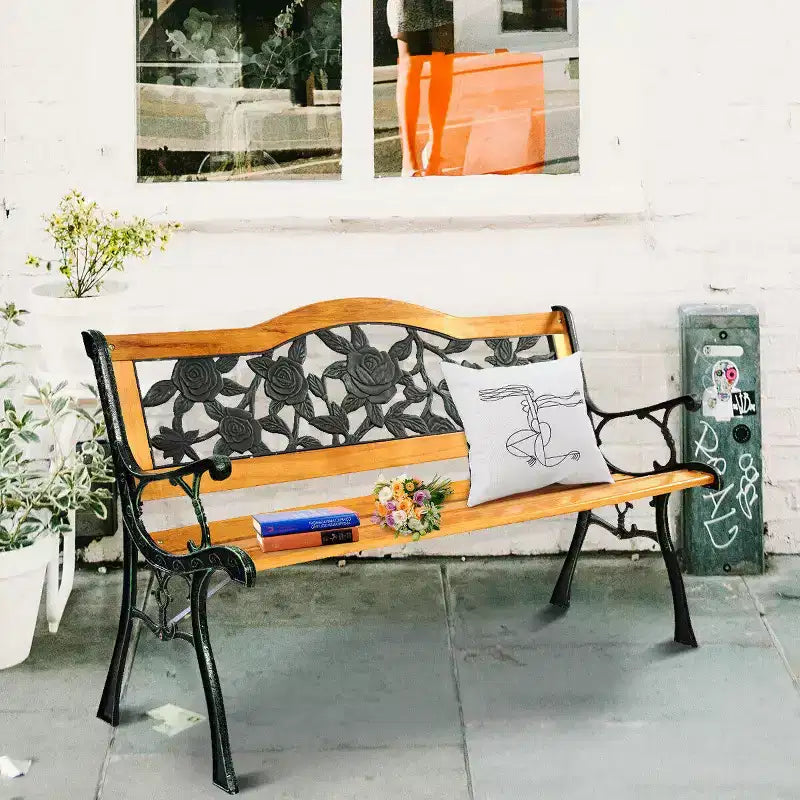 Costway Patio Park Garden Metal Bench Porch Path Chair Furniture Cast Iron Hardwood