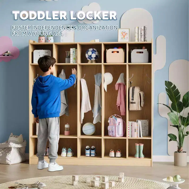 5-Section Classroom Coat Locker with 10 Cubbies, Cubby Storage Organizer with 10 Hooks for Home, School, Nursery, Kindergarten