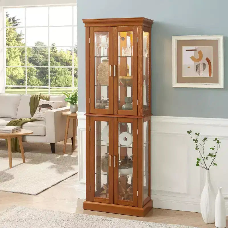 Display Cabinet, Curio Cabinet with 6 Adjustable Shelves and Tempered Glass Doors, Tall Cabinet for Living Room, Bedroom