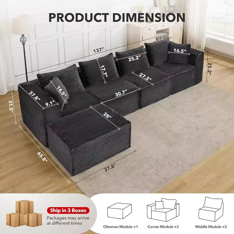 107/ 137 Modular Sectional Cloud Couch,Deep Seat Boneless Couch,Convertible Comfy Floor Sofas with Ottomans and Memory Foam