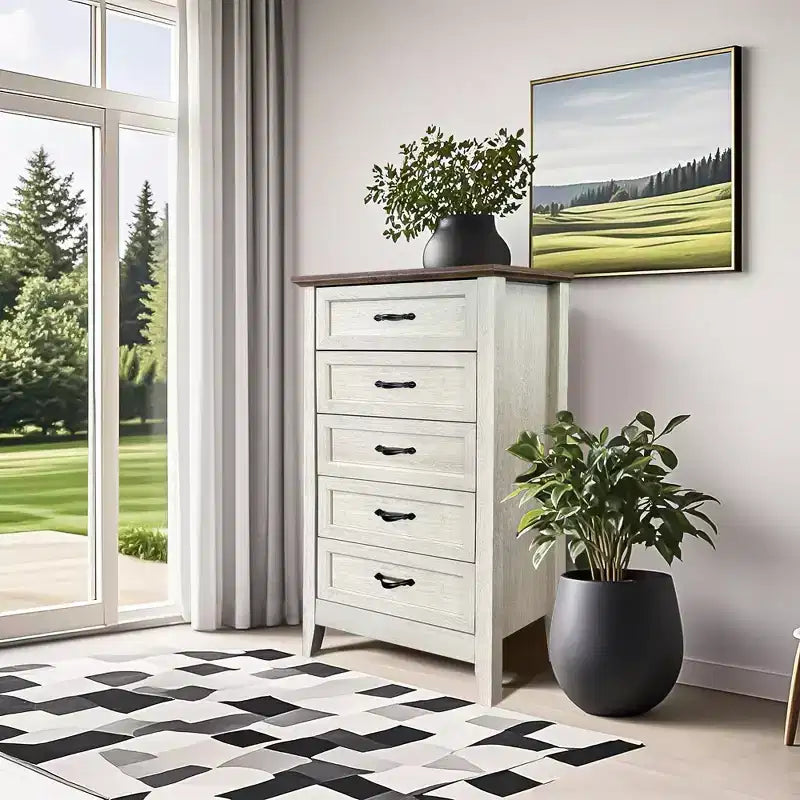 Farmhouse Dresser, Rustic Wood 5 Drawer Dresser for Closet, Tall Chest of Drawers with Metal Handles